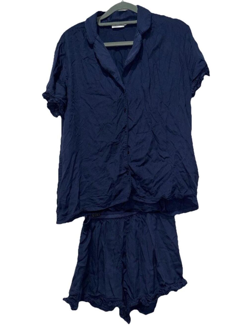 Mark and Graham Ruffle Sateen Short Sleeve Top shorts Pajama Set Navy Small